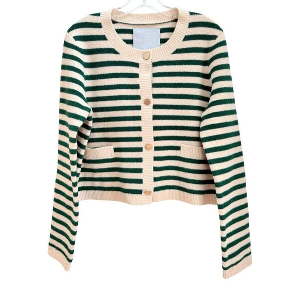 ANTHROPOLOGIE NVLT Size Medium Striped Sweater Lady Jacket Cardigan Green Ivory - Picture 5 of 12